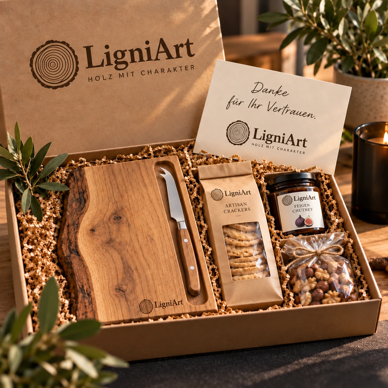 Open LigniArt-cadeaubox: Kaas & kleine extra's met eikenhout en zorgvuldig gekozen extra's