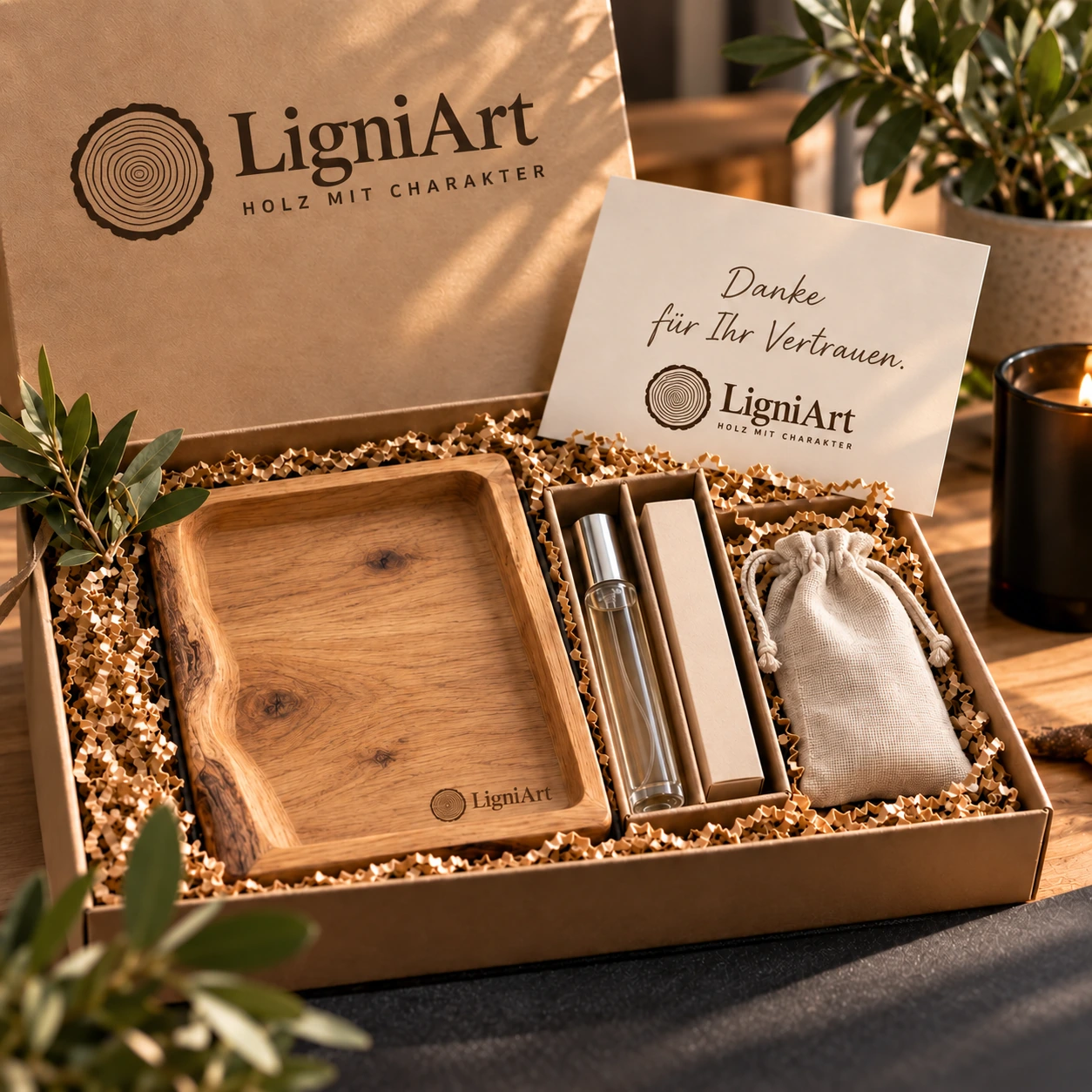 Open LigniArt-cadeaubox: Geur & orde met eikenhout en zorgvuldig gekozen extra's