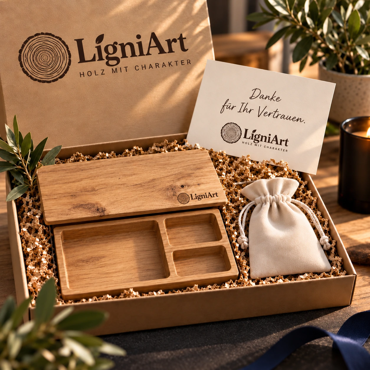 Open LigniArt-cadeaubox: Sieraden & herinneringen met eikenhout en zorgvuldig gekozen extra's