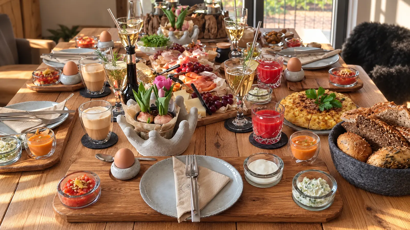 Tapastafel met eiken planken, brood, tortilla, kaas en kleine schaaltjes
