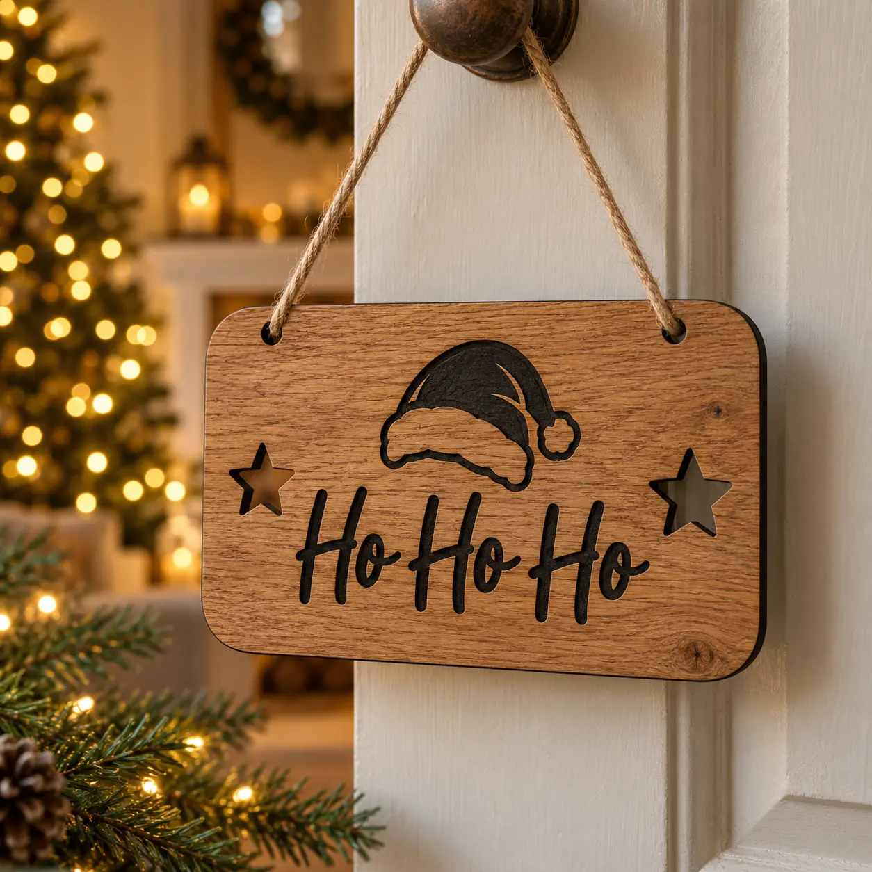 Eiken bord met gravure Ho Ho Ho, kerstmuts en twee steropeningen