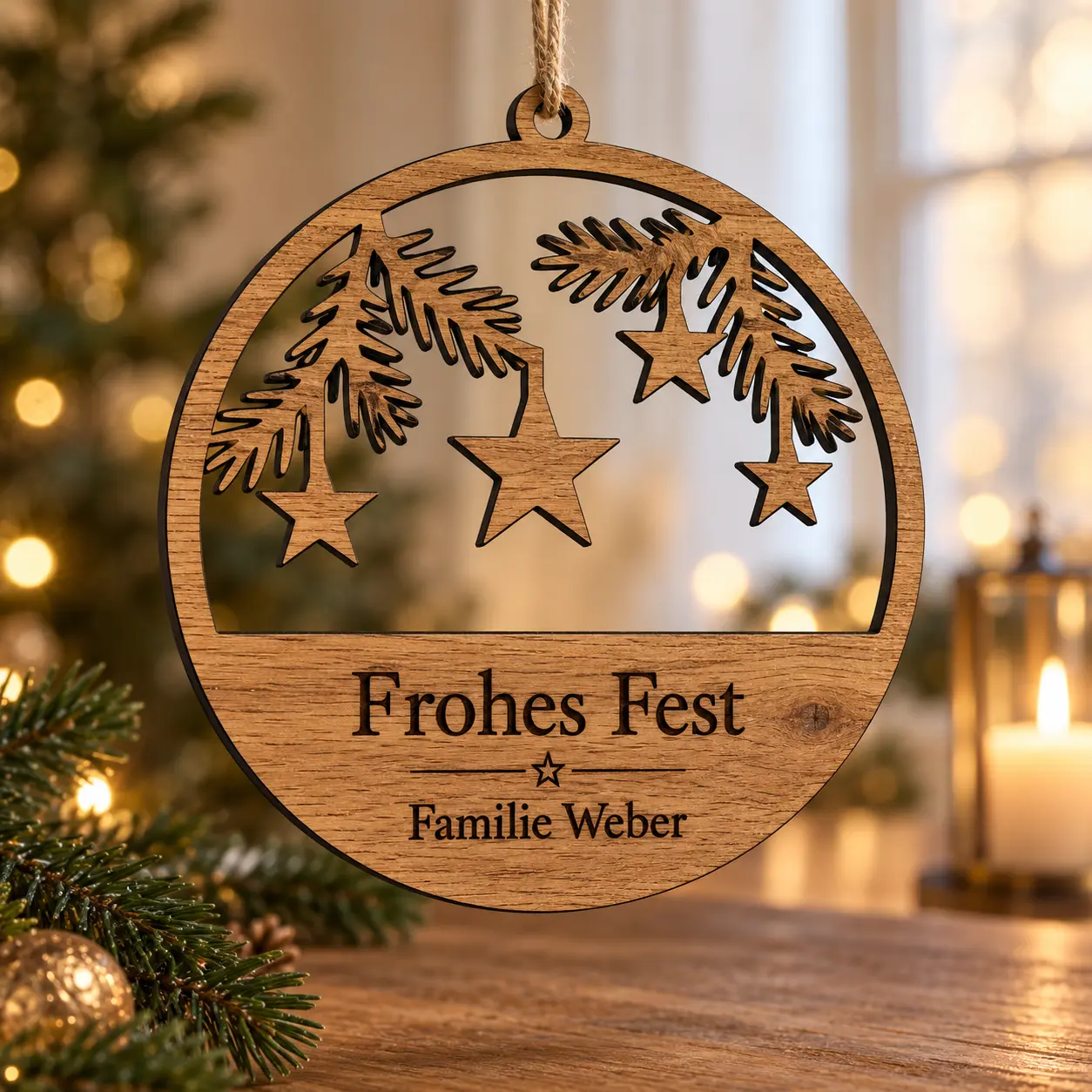 Ronde kerstkrans met sterren, takken en de gravure Frohes Fest Familie Weber