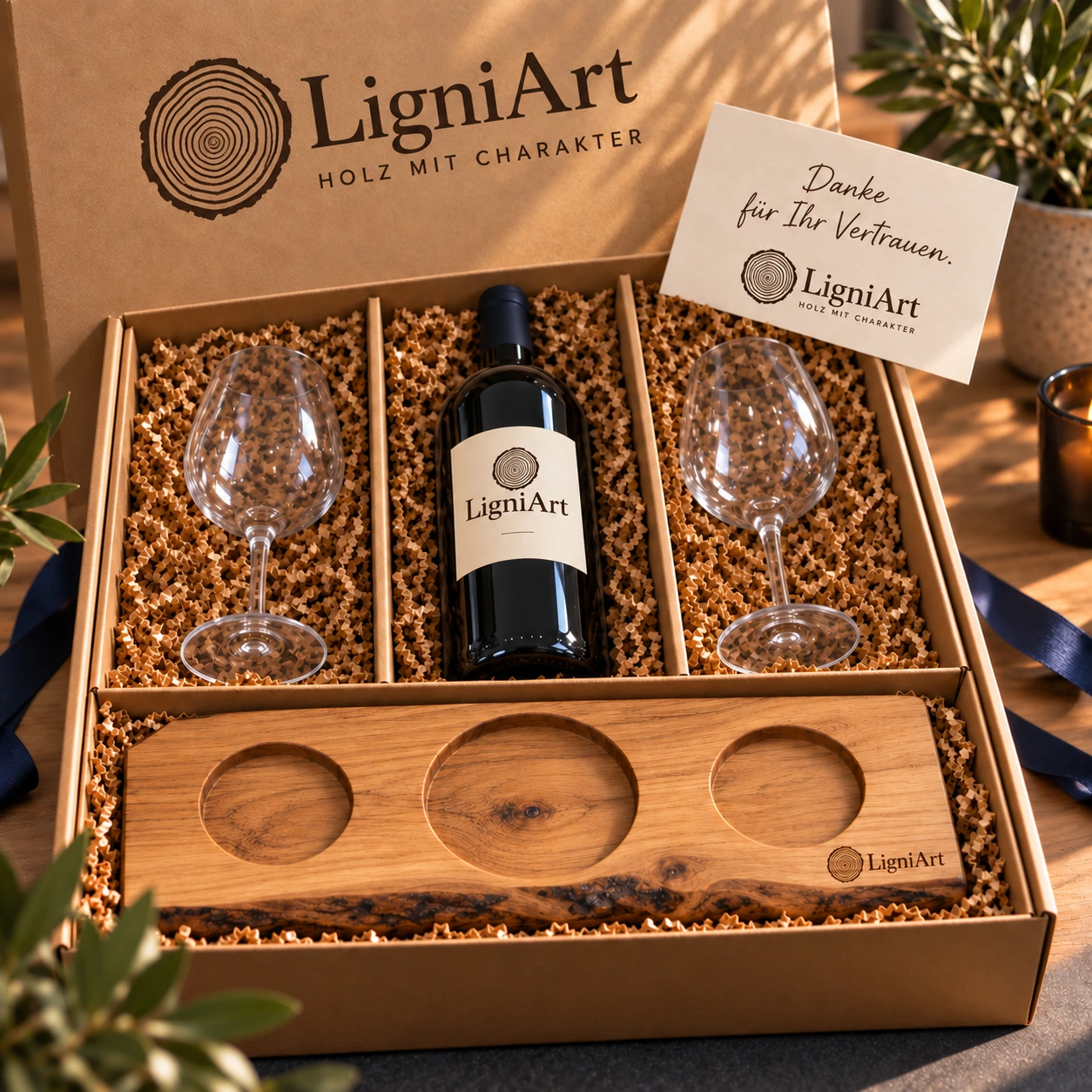 Open LigniArt-cadeaubox: Wijn & twee glazen met eikenhout en zorgvuldig gekozen extra's