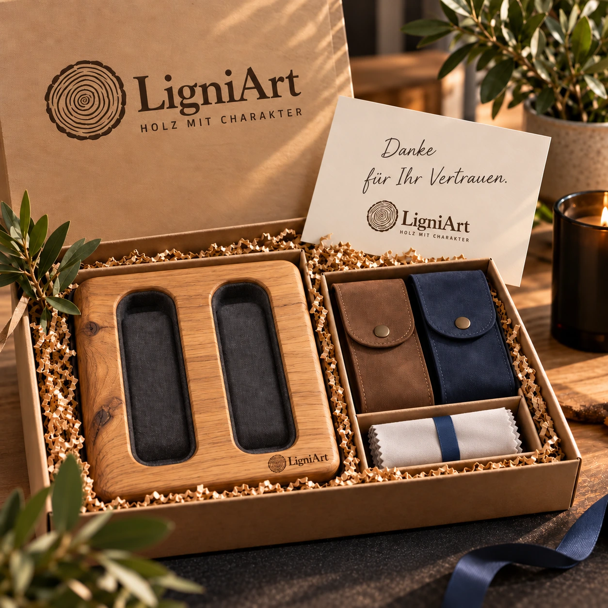 Open LigniArt-cadeaubox: Horloges & favoriete voorwerpen met eikenhout en zorgvuldig gekozen extra's