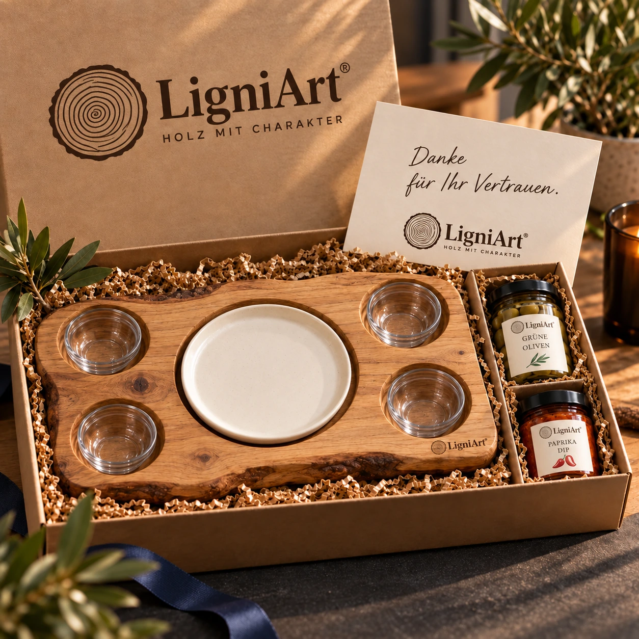 Open LigniArt-cadeaubox: De persoonlijke tapasplank met eikenhout en zorgvuldig gekozen extra's