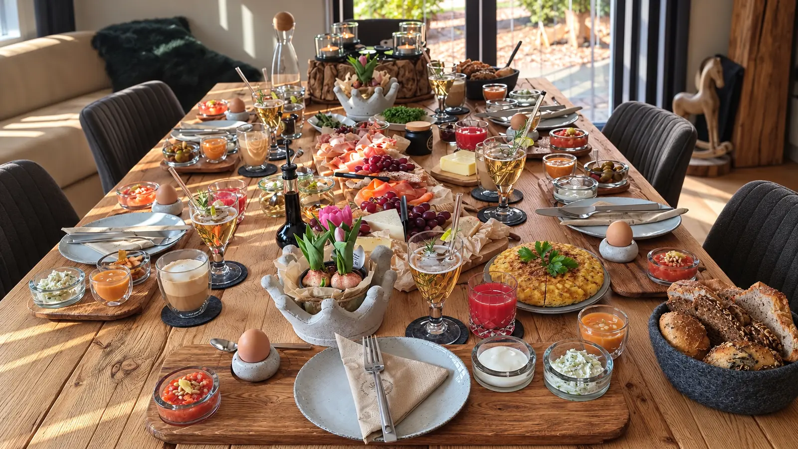 Lange tafel met individuele eiken planken, tapas en servies op elke plek