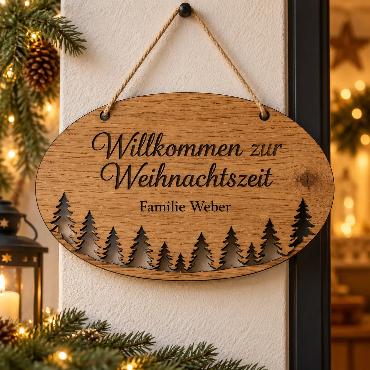 Ovaal eiken bord met kerstgroet, familienaam en dennenmotief