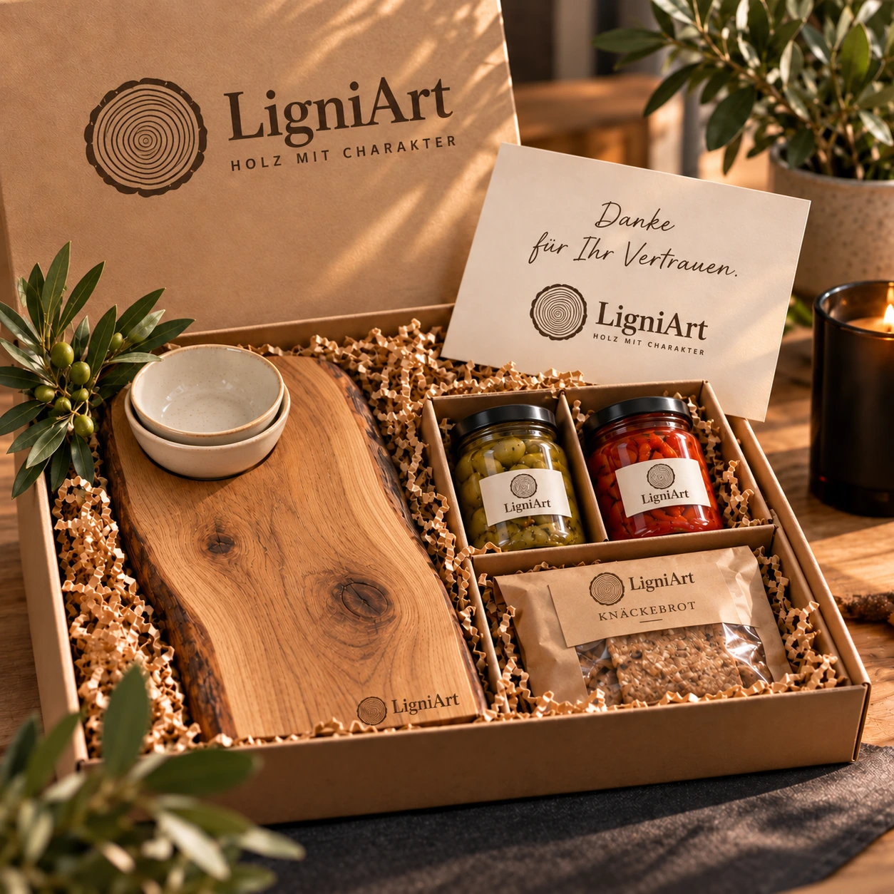 Open LigniArt-cadeaubox: De lange tapastafel met eikenhout en zorgvuldig gekozen extra's