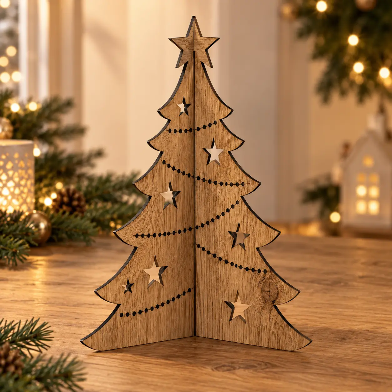 Kerstboom van twee gekruiste eikenfineerplaten met steropeningen en zwarte randen