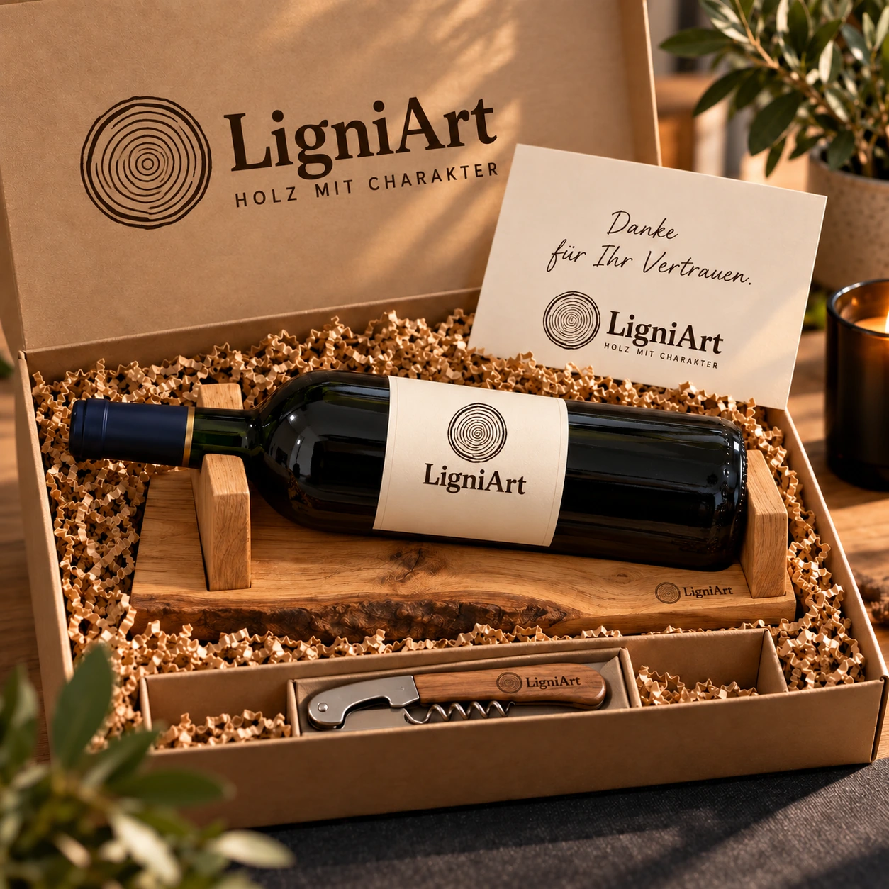 Open LigniArt-cadeaubox: Wijn in goed gezelschap met eikenhout en zorgvuldig gekozen extra's