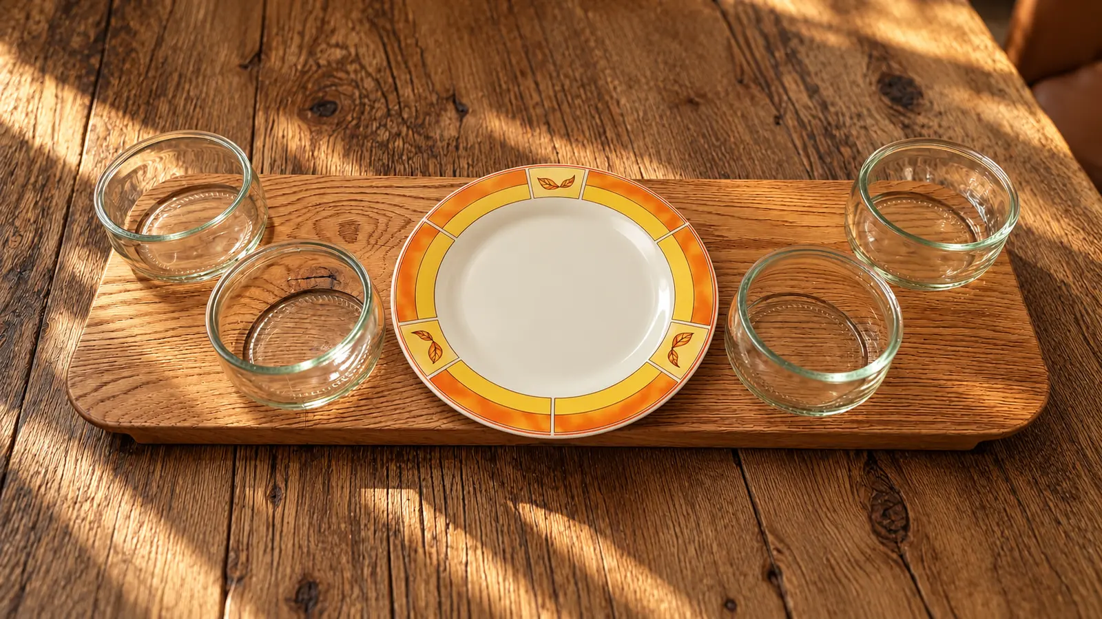 Eiken plank met één bord in het midden en vier glazen schaaltjes op een donkere houten tafel